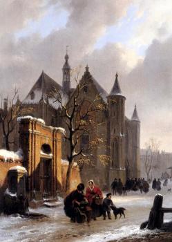 Bartholomeus Johannes Van Hove : A Capricio View With Figures Leaving A Church In Winter